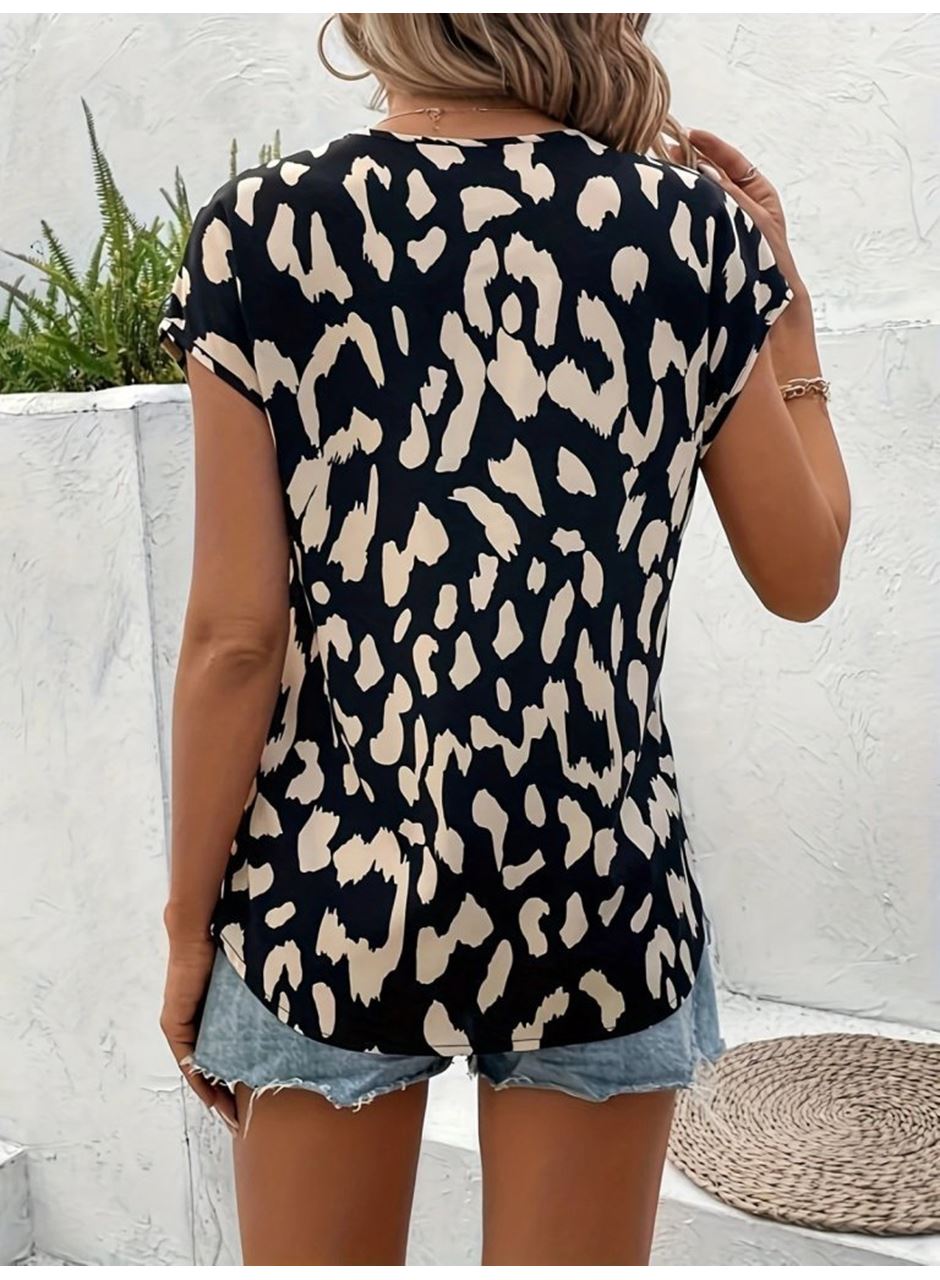 Kadın Kısa Kollu V Yakalı Desenli Süprem Bluz