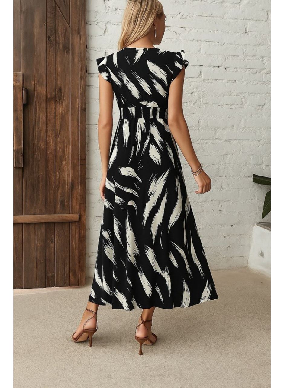 Kadın Kısa Kollu V Yakalı Desenli Yandan Yırtmaçlı Süprem Elbise