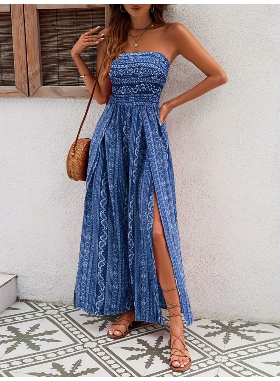 Kadın Yakası Gipe Detaylı önden Yırtmaç Detaylı Desenli Süprem Pantolunetek Tulum