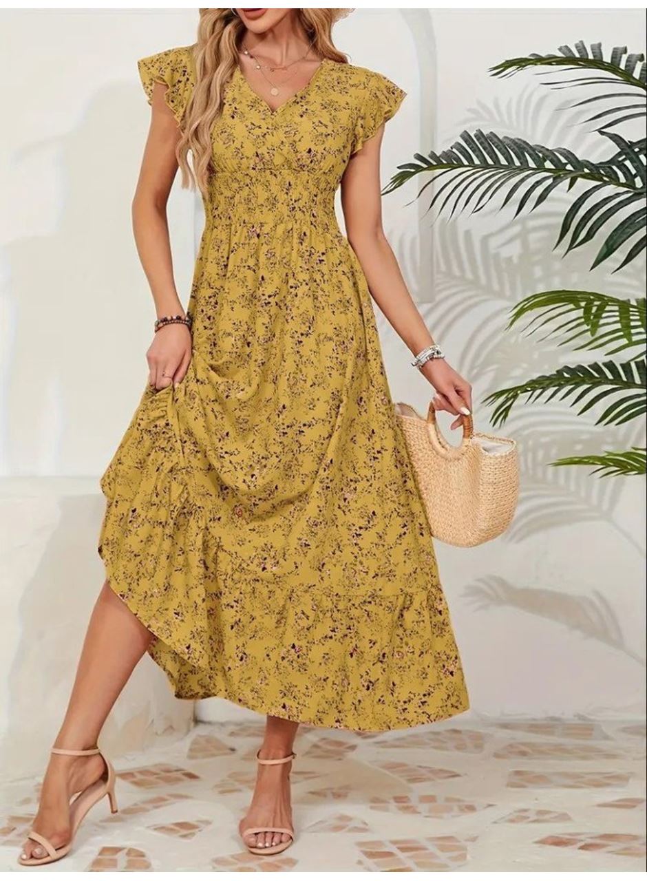 Kadın Kısa Kollu Kruvaze Yaka Beli Lastikli çiçek Desenli Elbise