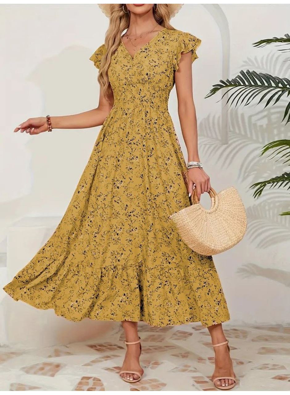 Kadın Kısa Kollu Kruvaze Yaka Beli Lastikli çiçek Desenli Elbise