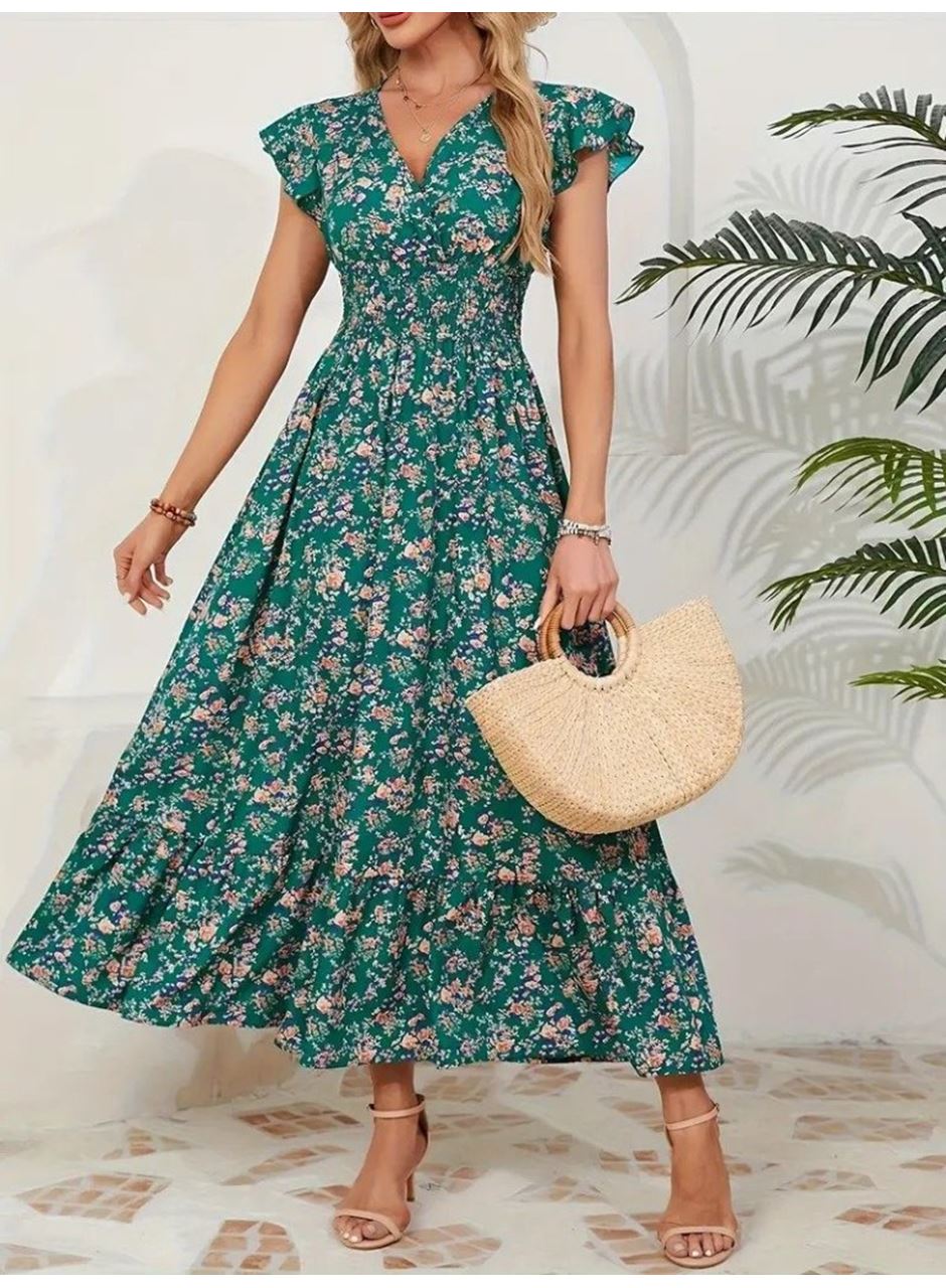 Kadın Kısa Kollu Kruvaze Yaka Beli Lastikli çiçek Desenli Elbise