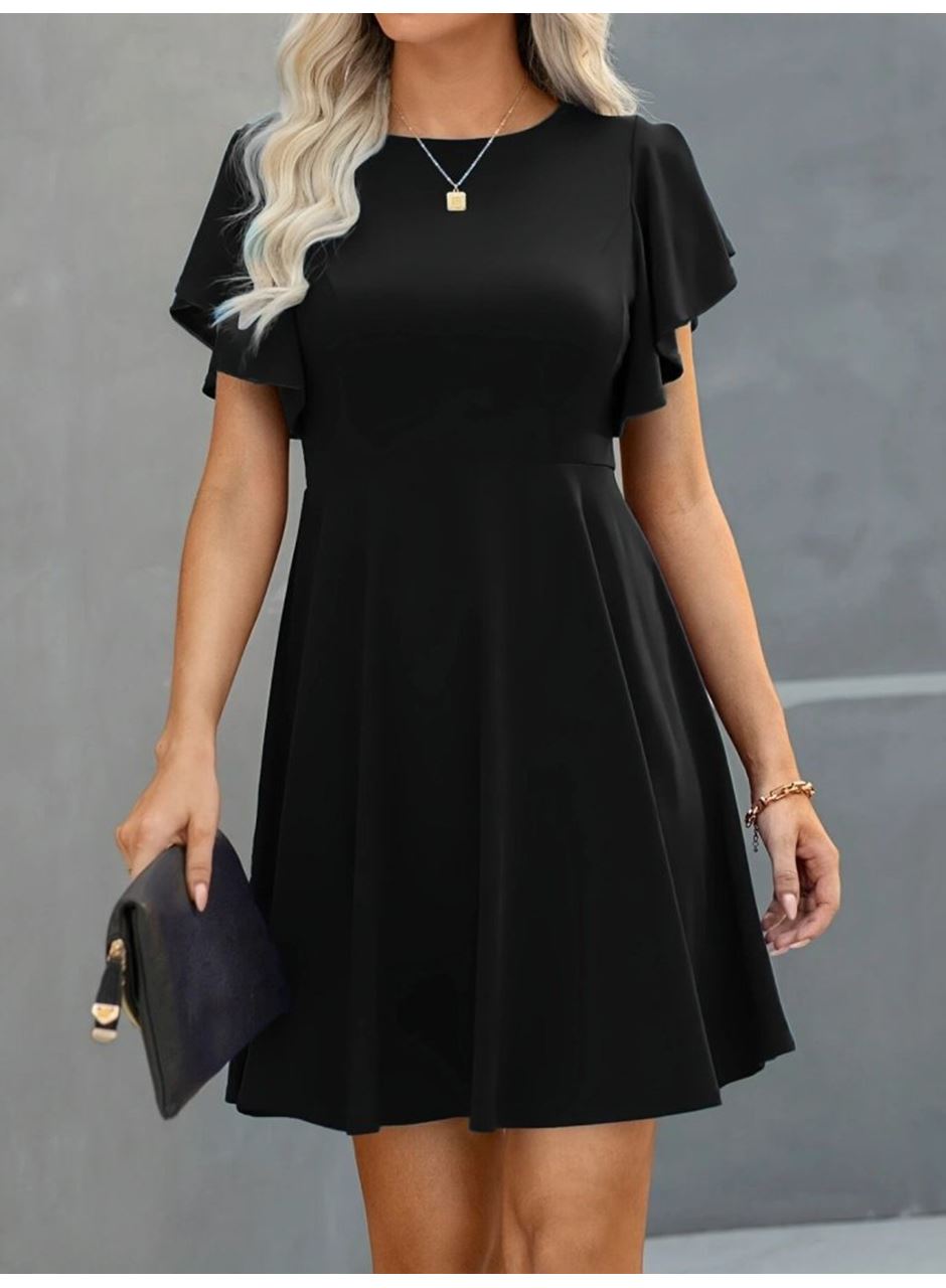 Kadın Kısa Kelebek Kollu Bisiklet Yaka Janjan Krep Elbise