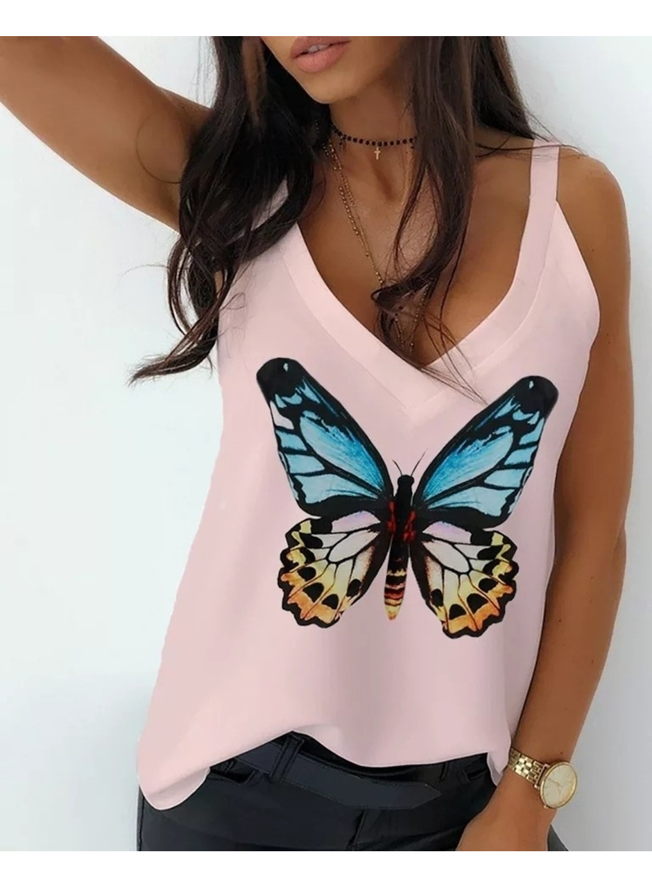 Kadın Kelebek Baskılı Sandy Kumaş Askılı Bluz