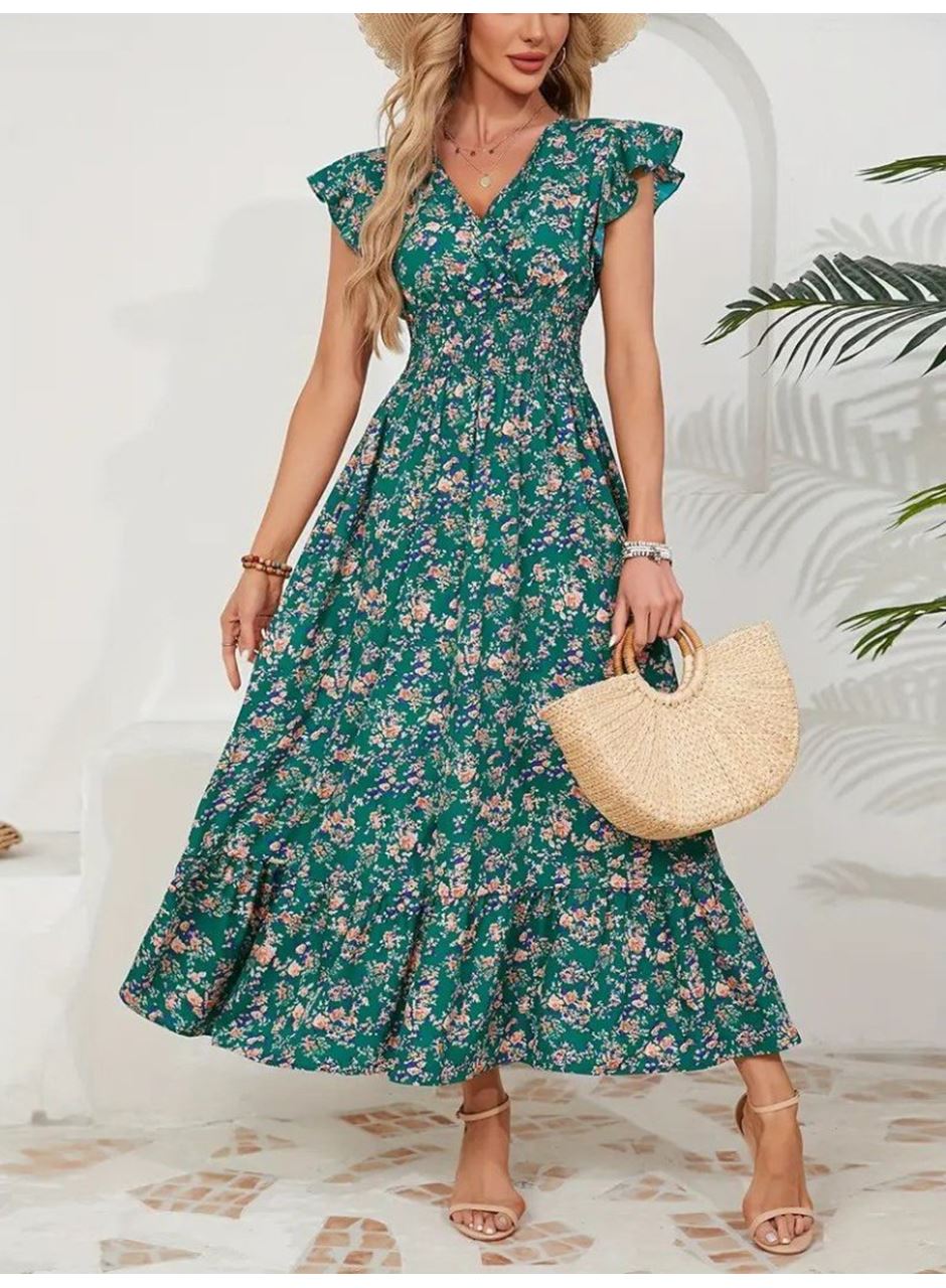 Kadın Kısa Kollu Kruvaze Yaka Beli Lastikli çiçek Desenli Elbise