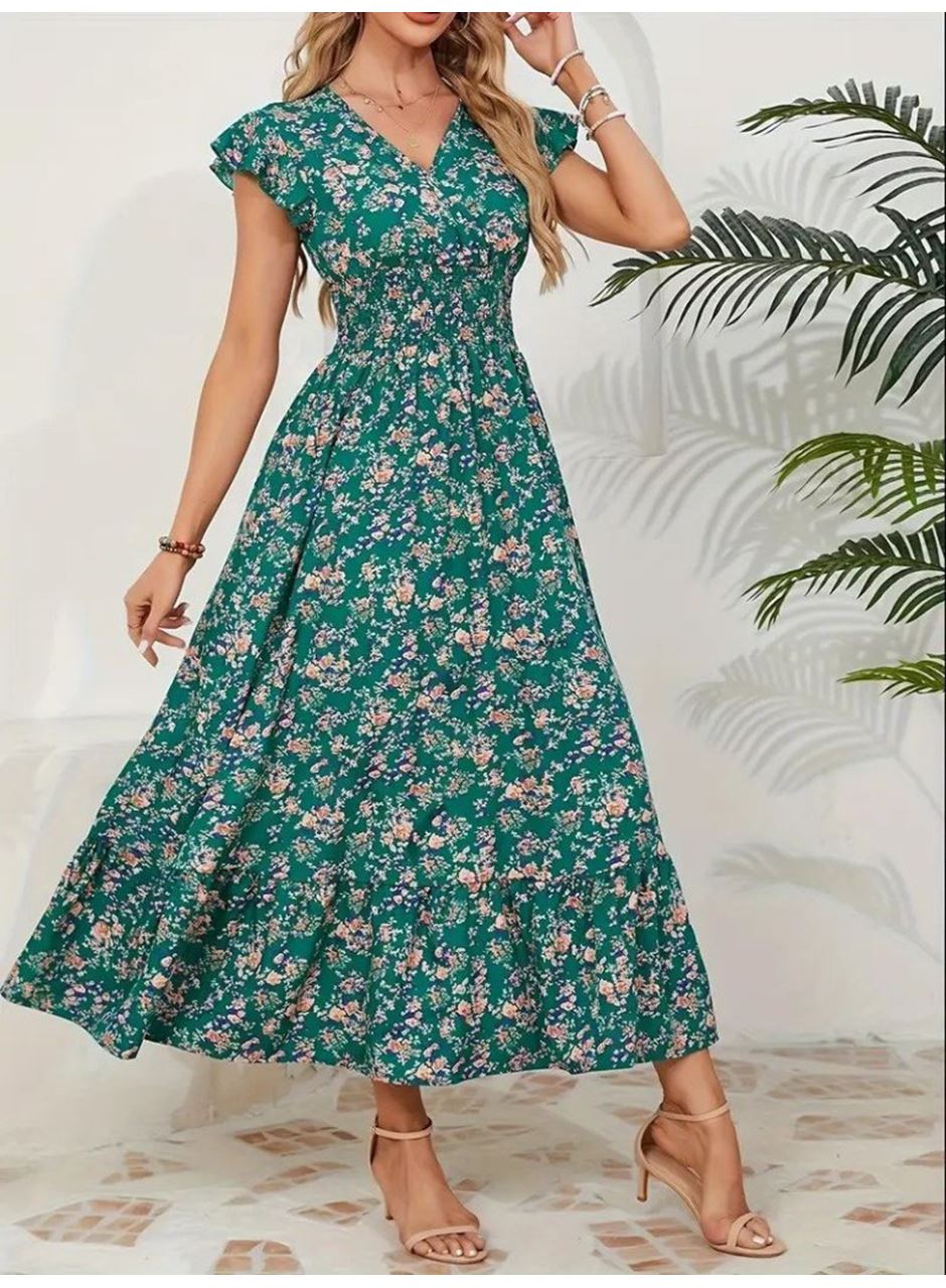 Kadın Kısa Kollu Kruvaze Yaka Beli Lastikli çiçek Desenli Elbise