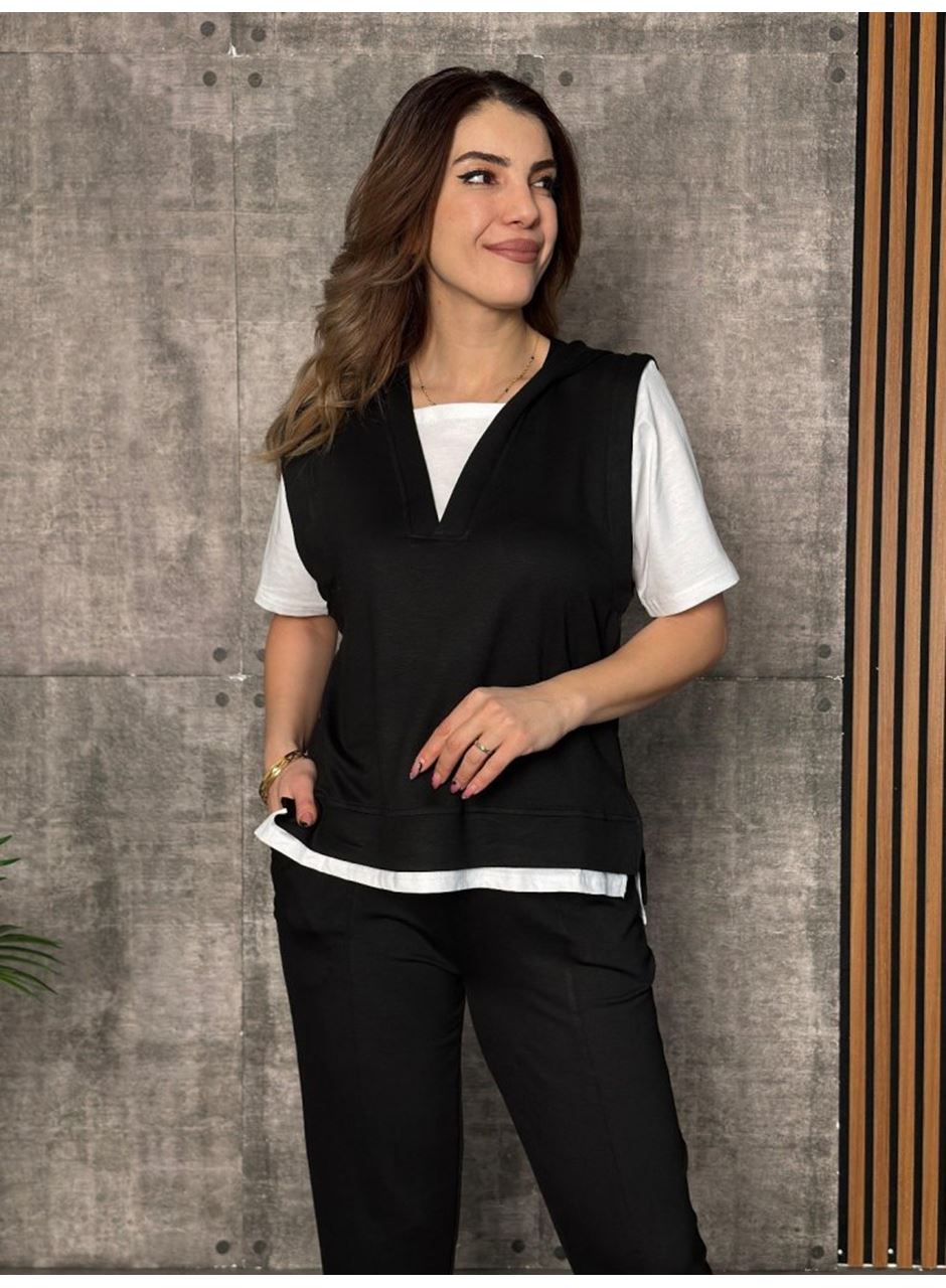 Kadın Kısa Kollu V Yakalı Kapşonlu Viskon Iki Iplik Bluz Ve Pantolon Takım