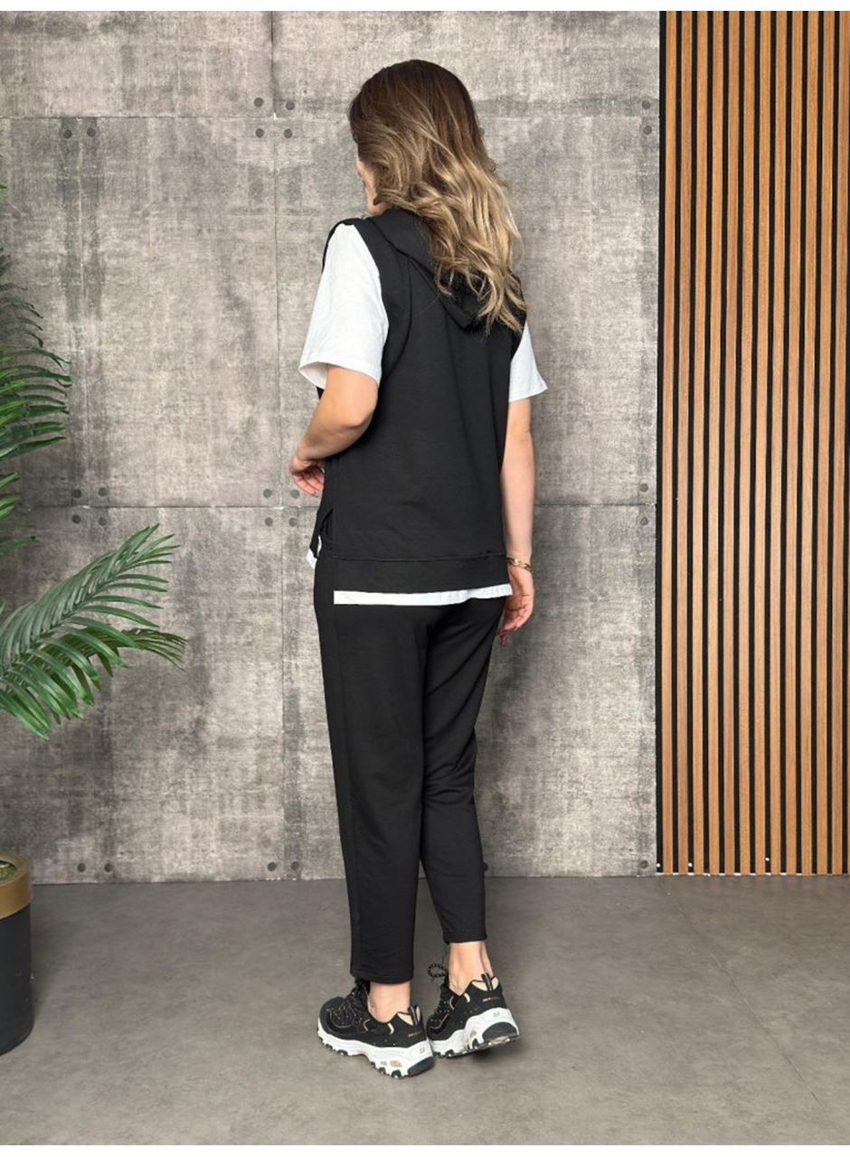 Kadın Kısa Kollu V Yakalı Kapşonlu Viskon Iki Iplik Bluz Ve Pantolon Takım