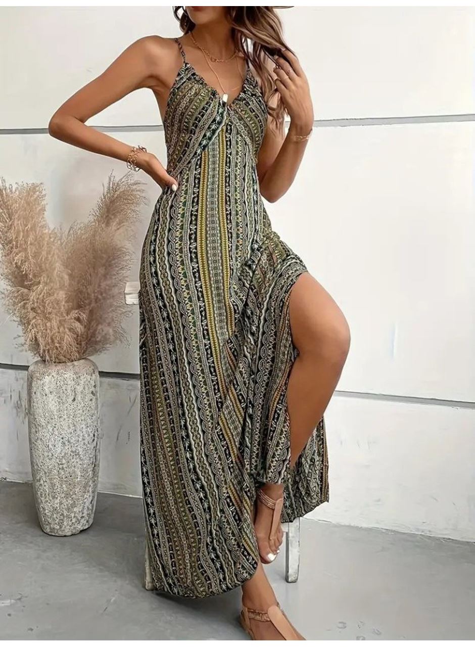 Kadın Ip Askılı Sırttan çapraz Detaylı Yırtmaçlı Desenli Süprem Elbise