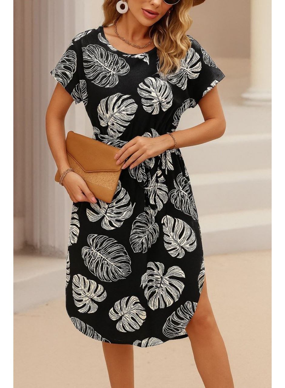 Kadın Kısa Kollu Bisiklet Yaka Desenli Kuşaklı örme Krep Midi Elbise