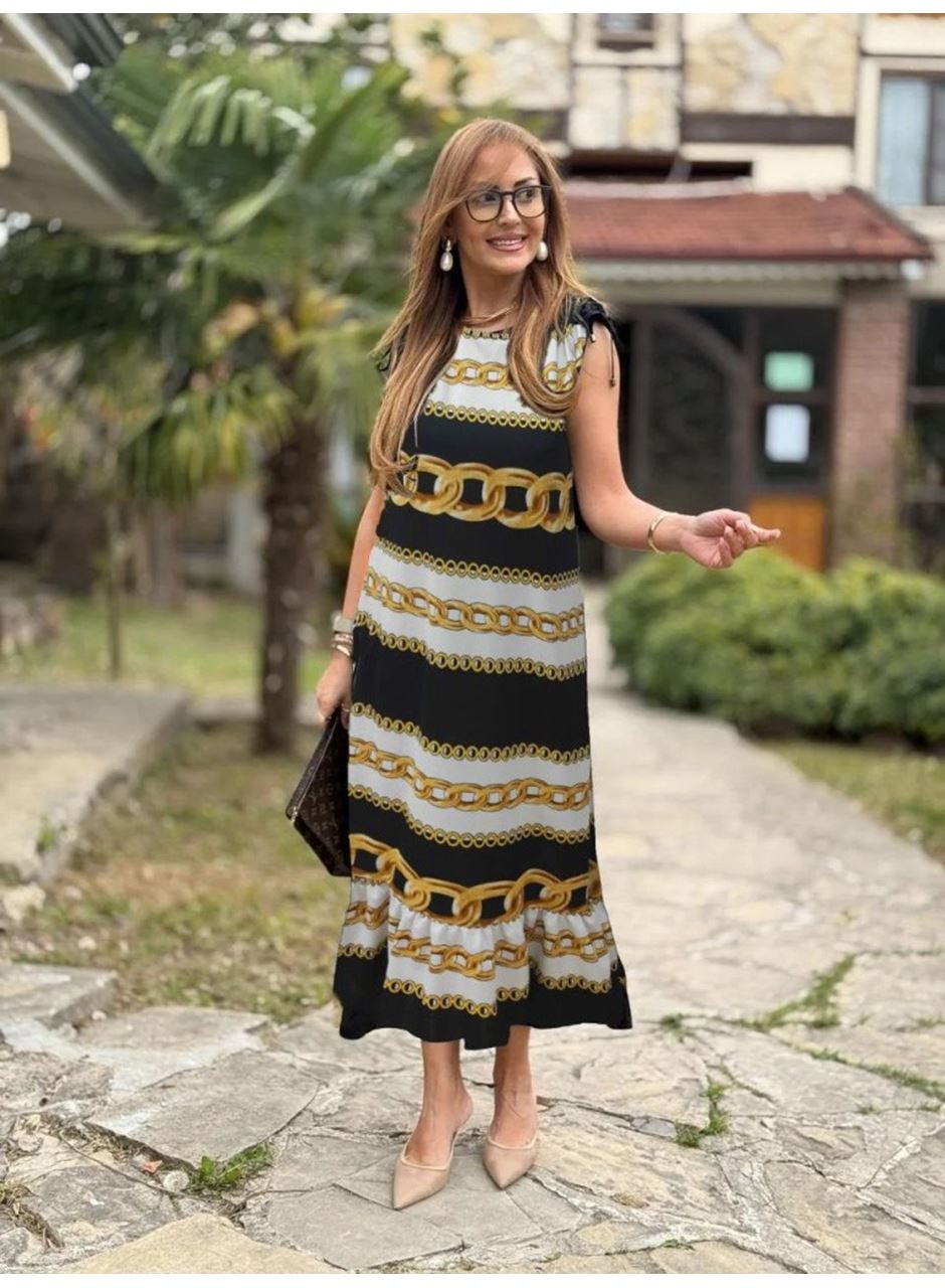 Kadın Omuzlardan Büzgülü Kayık Yaka Fırfırlı Janjan Krep Elbise