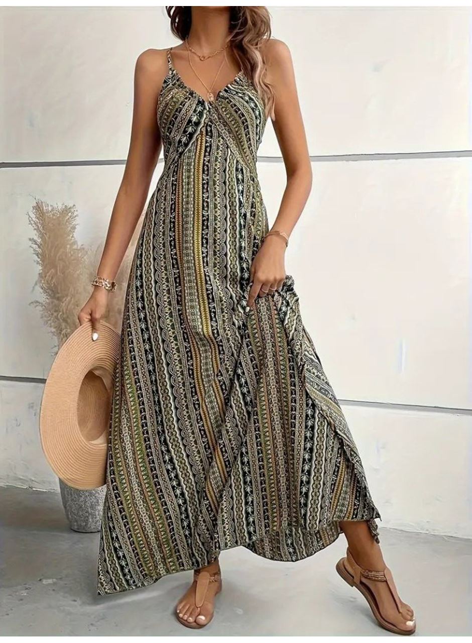 Kadın Ip Askılı Sırttan çapraz Detaylı Yırtmaçlı Desenli Süprem Elbise