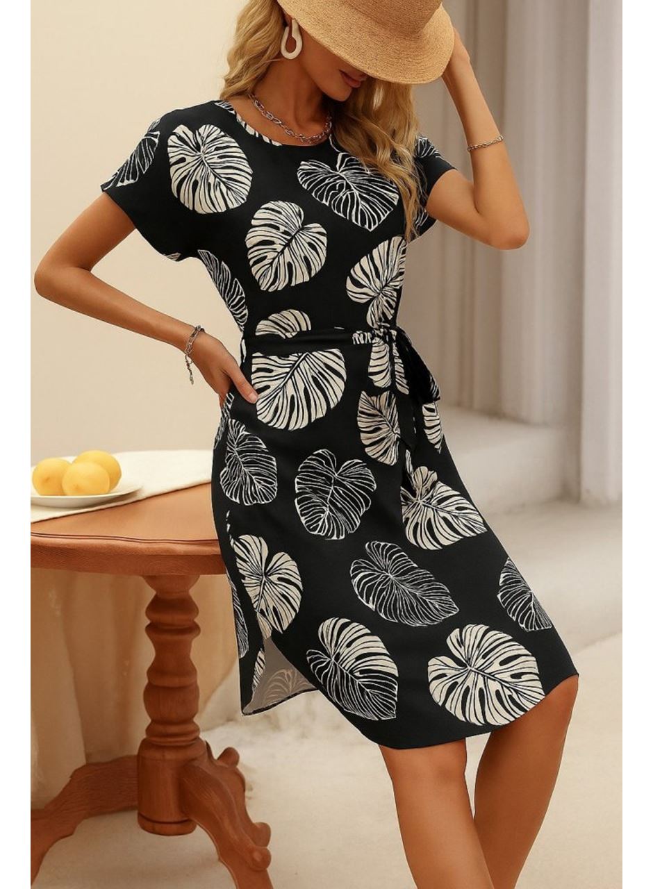 Kadın Kısa Kollu Bisiklet Yaka Desenli Kuşaklı örme Krep Midi Elbise