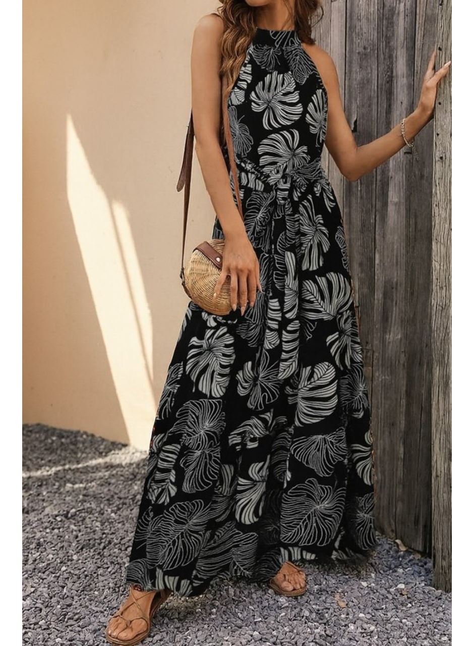 Kadın Kolsuz Halter Yaka Beli Lastikliotantik Desenli Mikro Kumaş Elbise