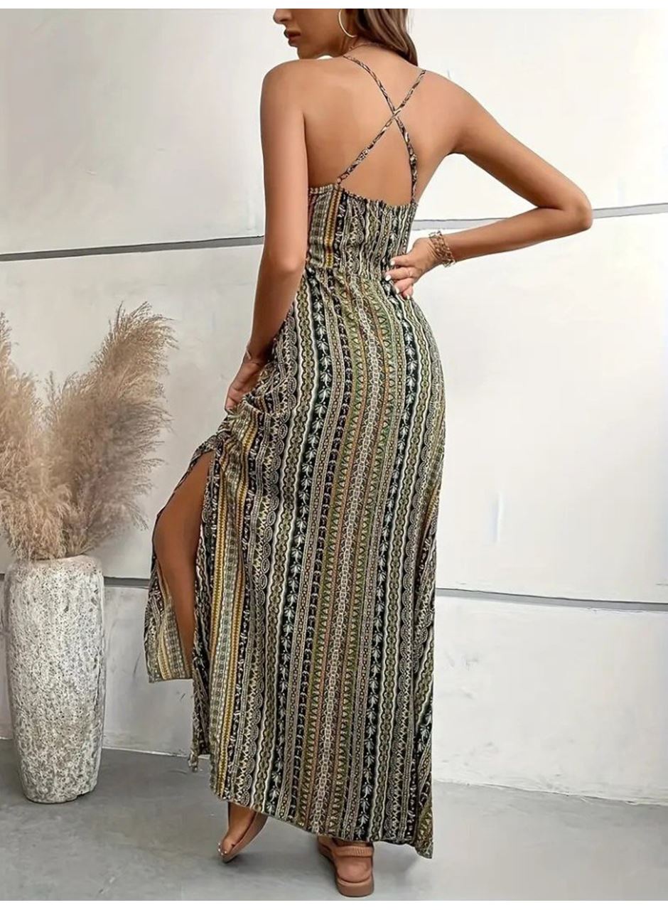 Kadın Ip Askılı Sırttan çapraz Detaylı Yırtmaçlı Desenli Süprem Elbise