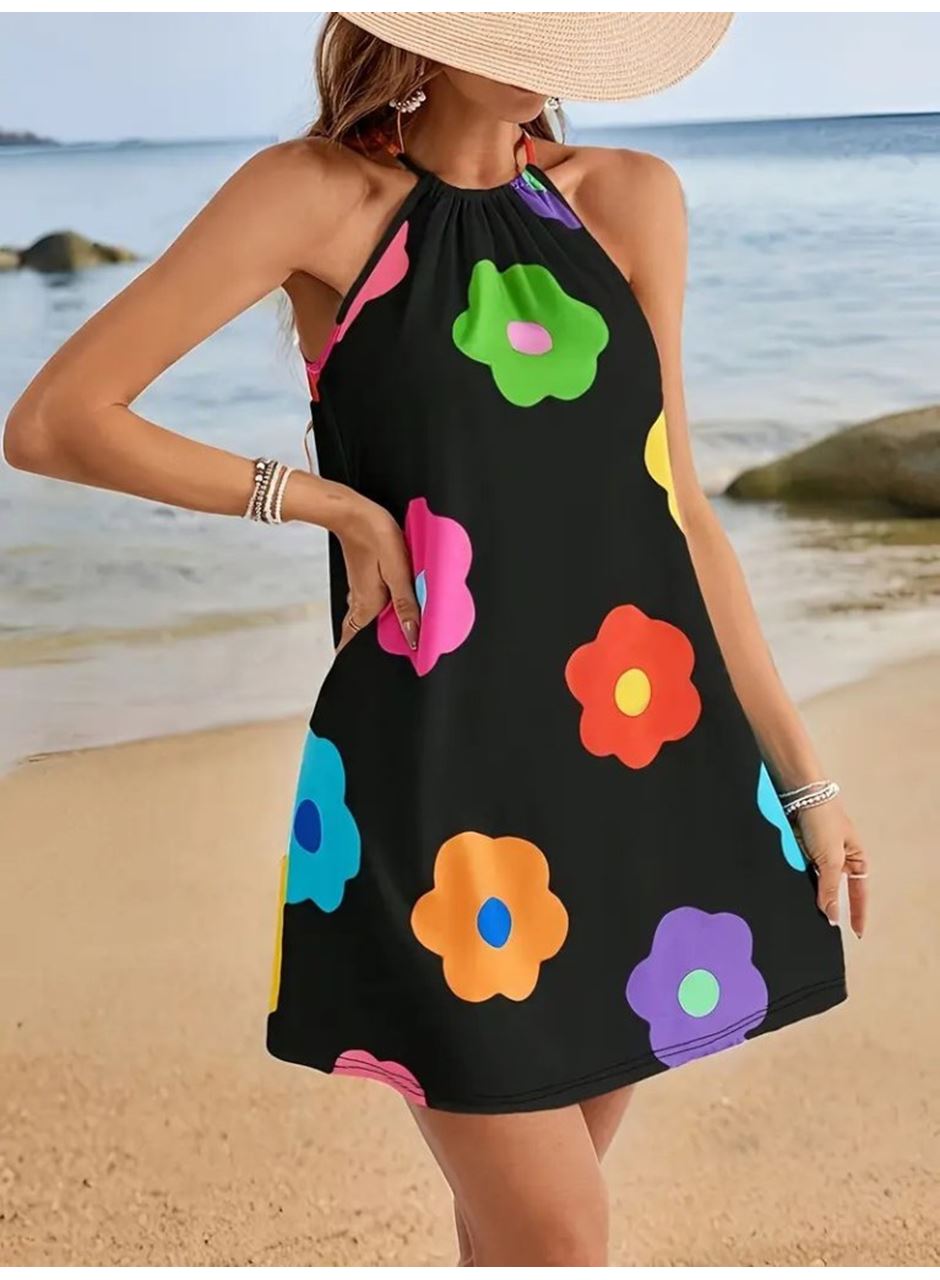 Kadın Boyundan Askılı Kolsuz çiçek Desenli Süprem Elbise