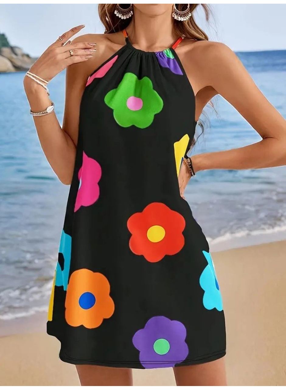 Kadın Boyundan Askılı Kolsuz çiçek Desenli Süprem Elbise