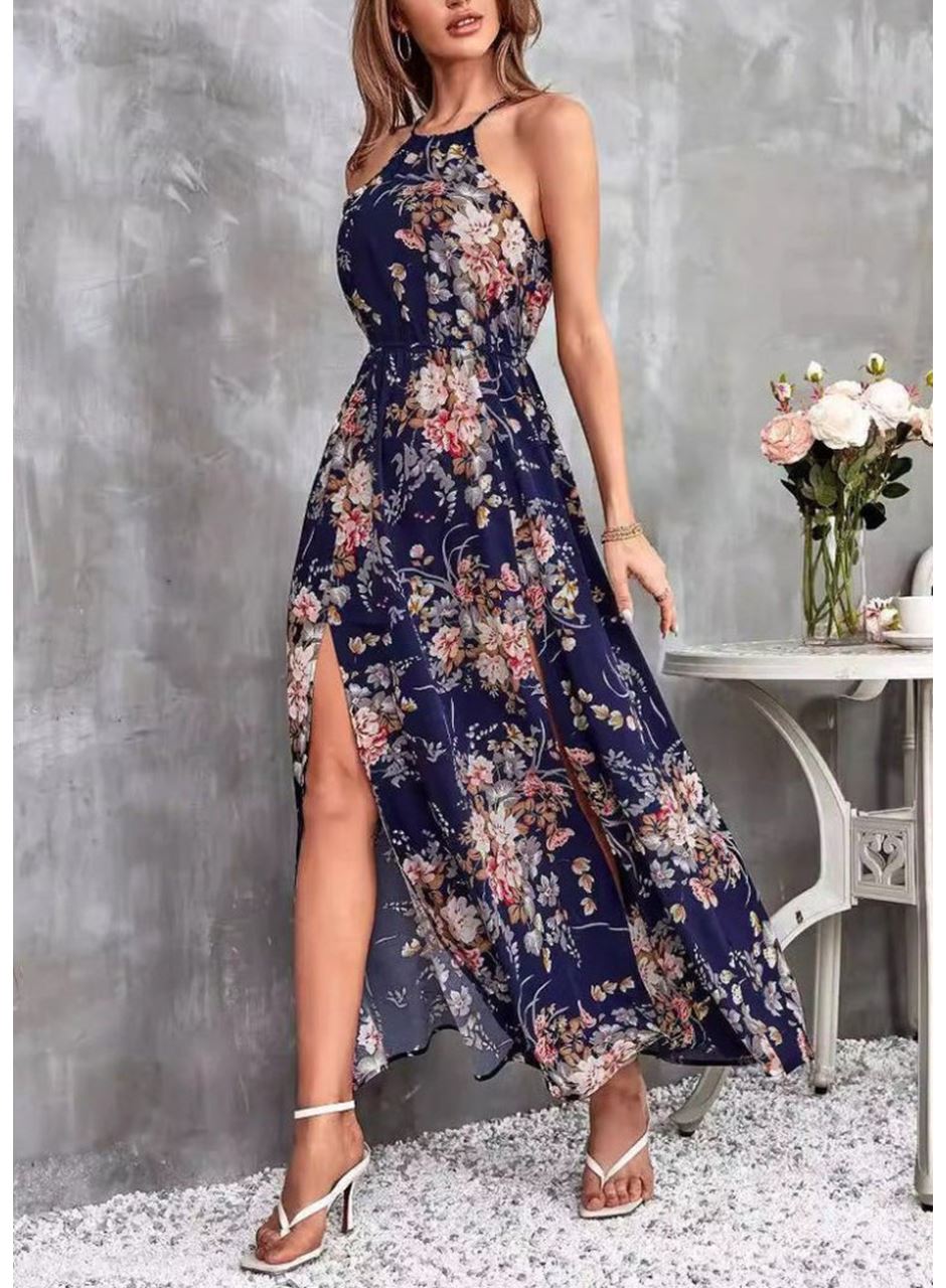 Kadın Açık Omuz Halter Yaka Beli Lastikli Büzgü Detay önden Yırtmaçlı çiçek Desenli Süprem Elbise