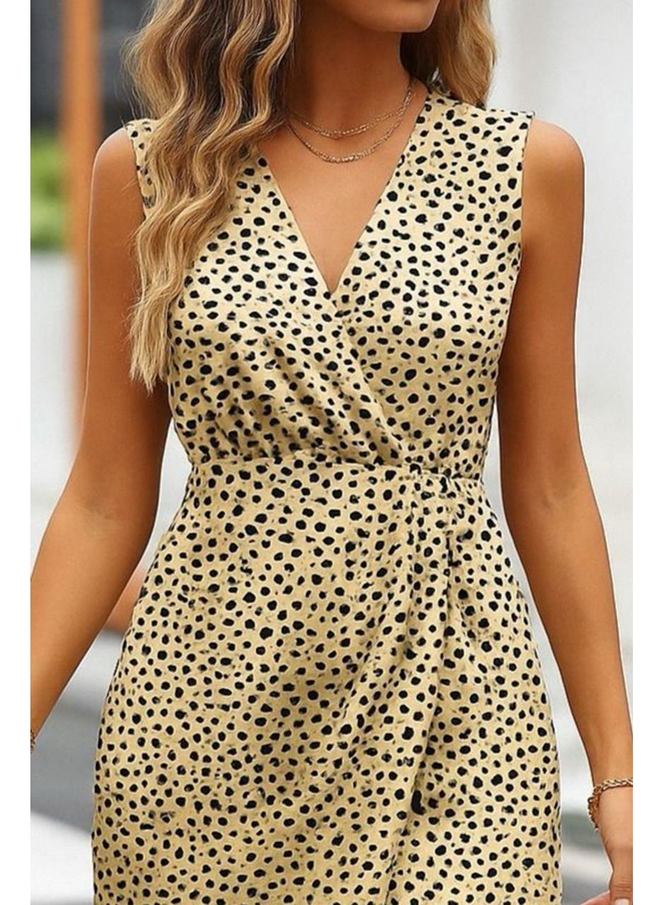 Kadın Sıfır Kol Kruvaze Yaka önden çapraz Kesim Detaylı Desenli Oysho Süprem Elbise