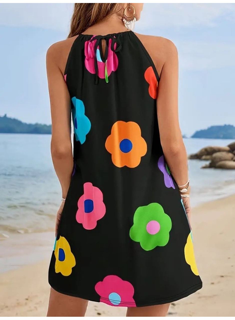 Kadın Boyundan Askılı Kolsuz çiçek Desenli Süprem Elbise