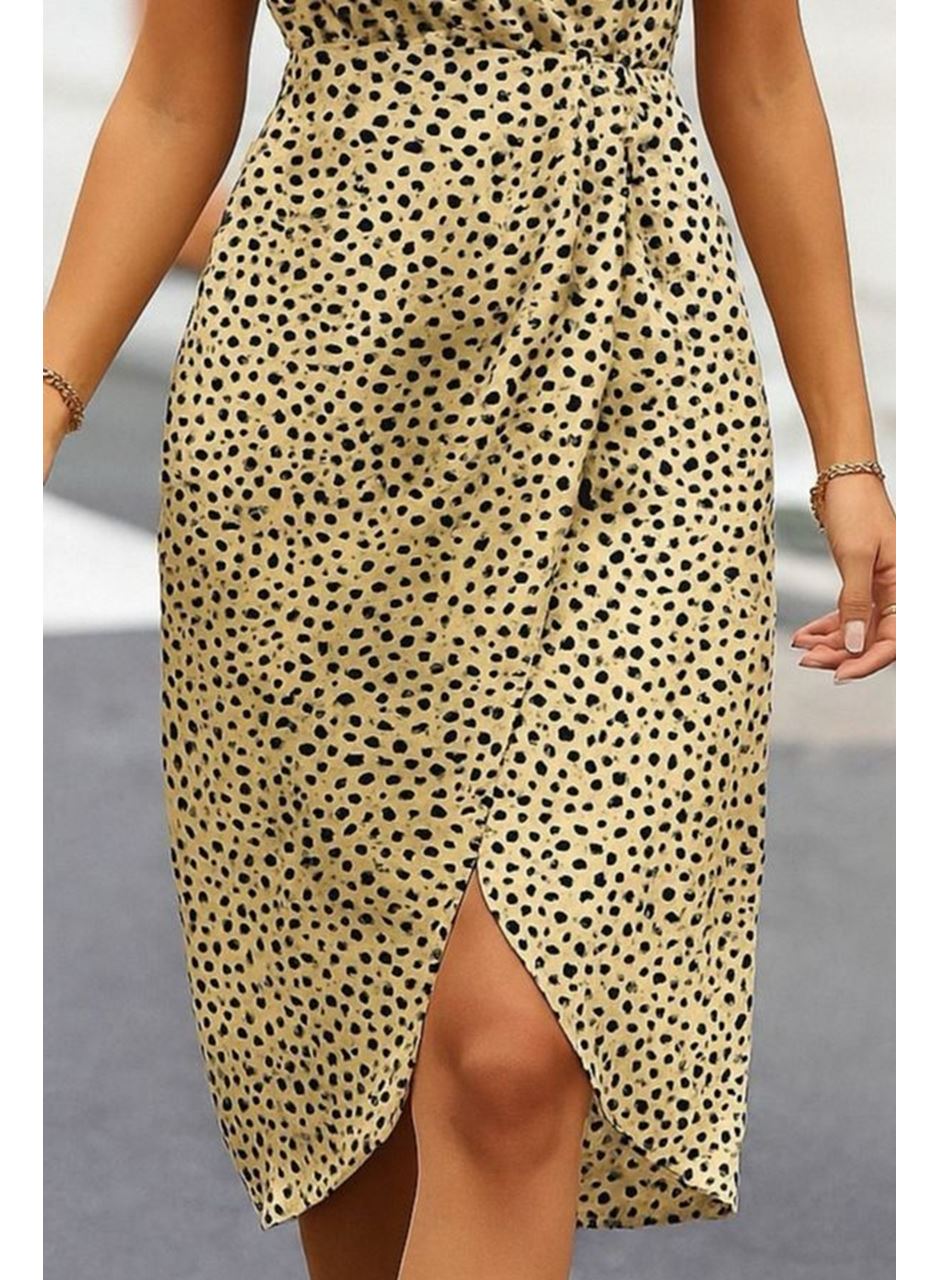 Kadın Sıfır Kol Kruvaze Yaka önden çapraz Kesim Detaylı Desenli Oysho Süprem Elbise