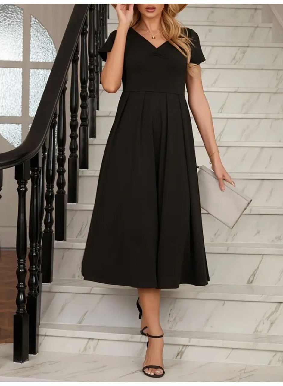 Kadın Kısa Kollu V Yakalı önden Pileli Midi Janjan Krep Elbise