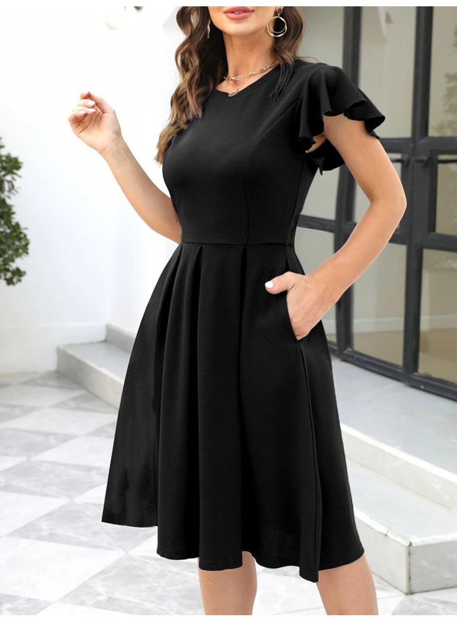 Kadın Kelebek Kollu Bisiklet Yakalı Pileli Ithal Krep Elbise