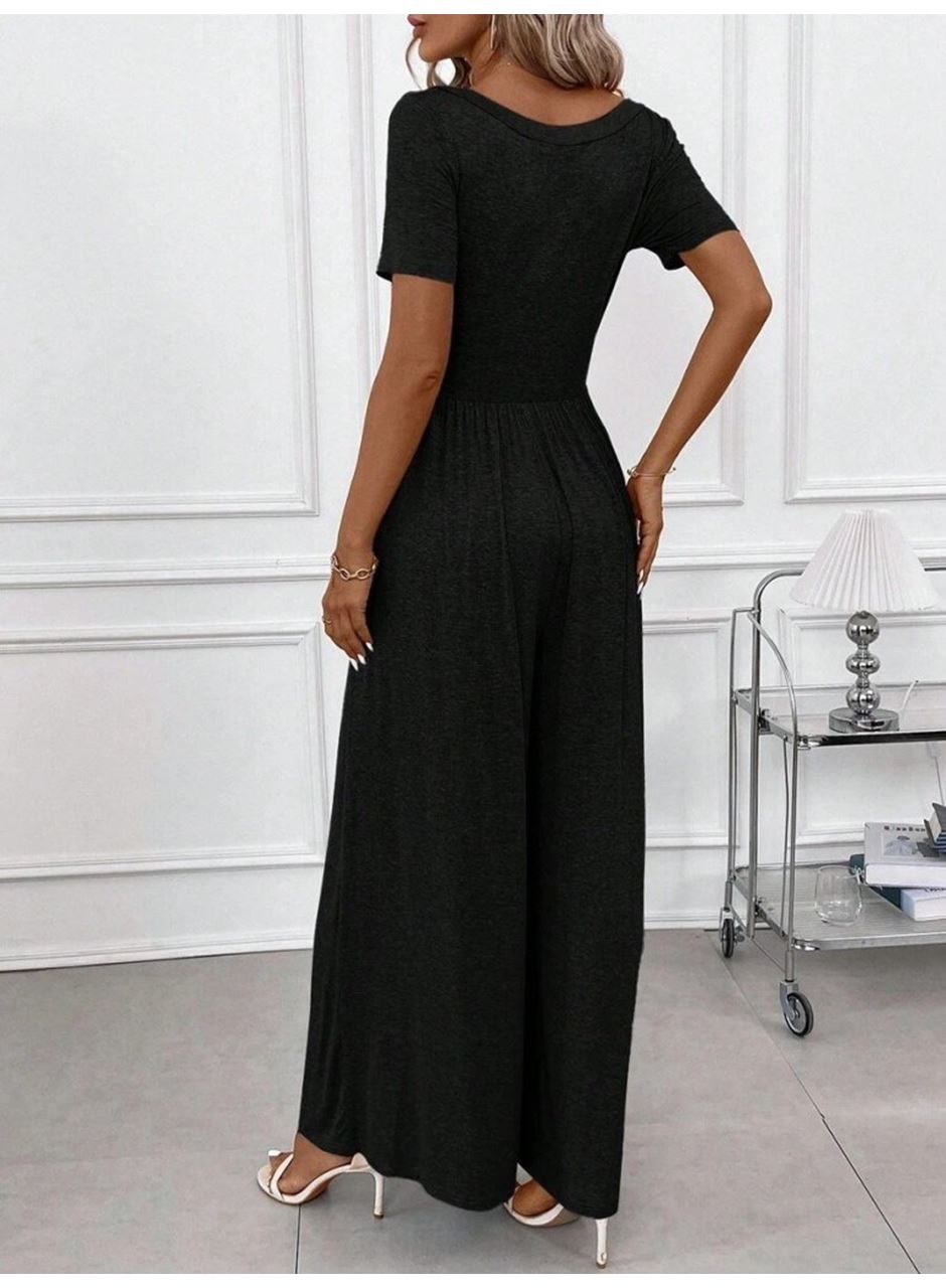 Kadın Kısa Kollu Yuvarlak Yaka Geniş Paçalı Bürümcük Tulum