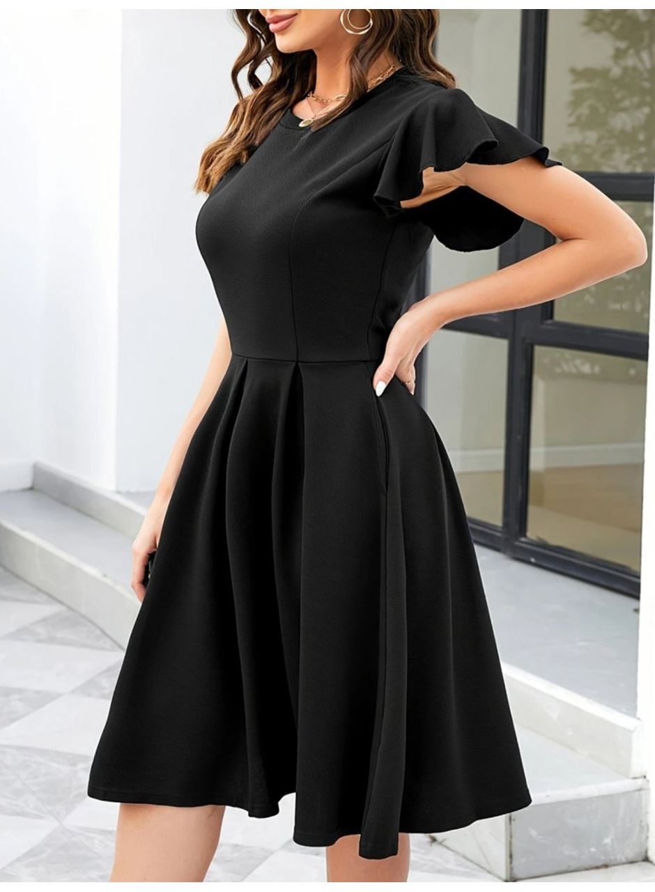 Kadın Kelebek Kollu Bisiklet Yakalı Pileli Ithal Krep Elbise