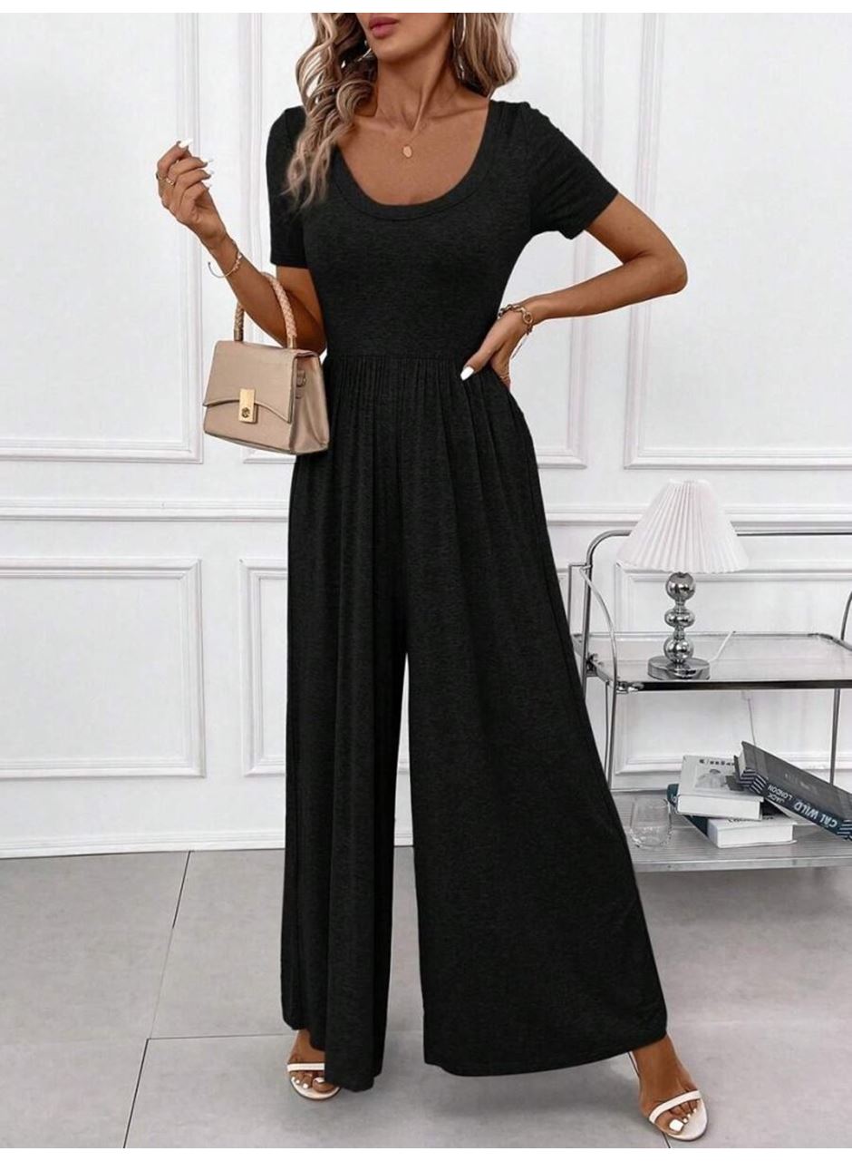 Kadın Kısa Kollu Yuvarlak Yaka Geniş Paçalı Bürümcük Tulum