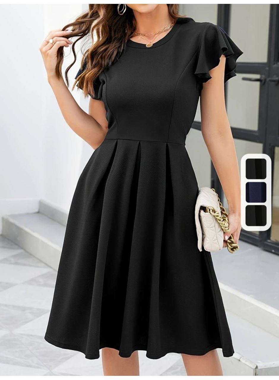 Kadın Kelebek Kollu Bisiklet Yakalı Pileli Ithal Krep Elbise