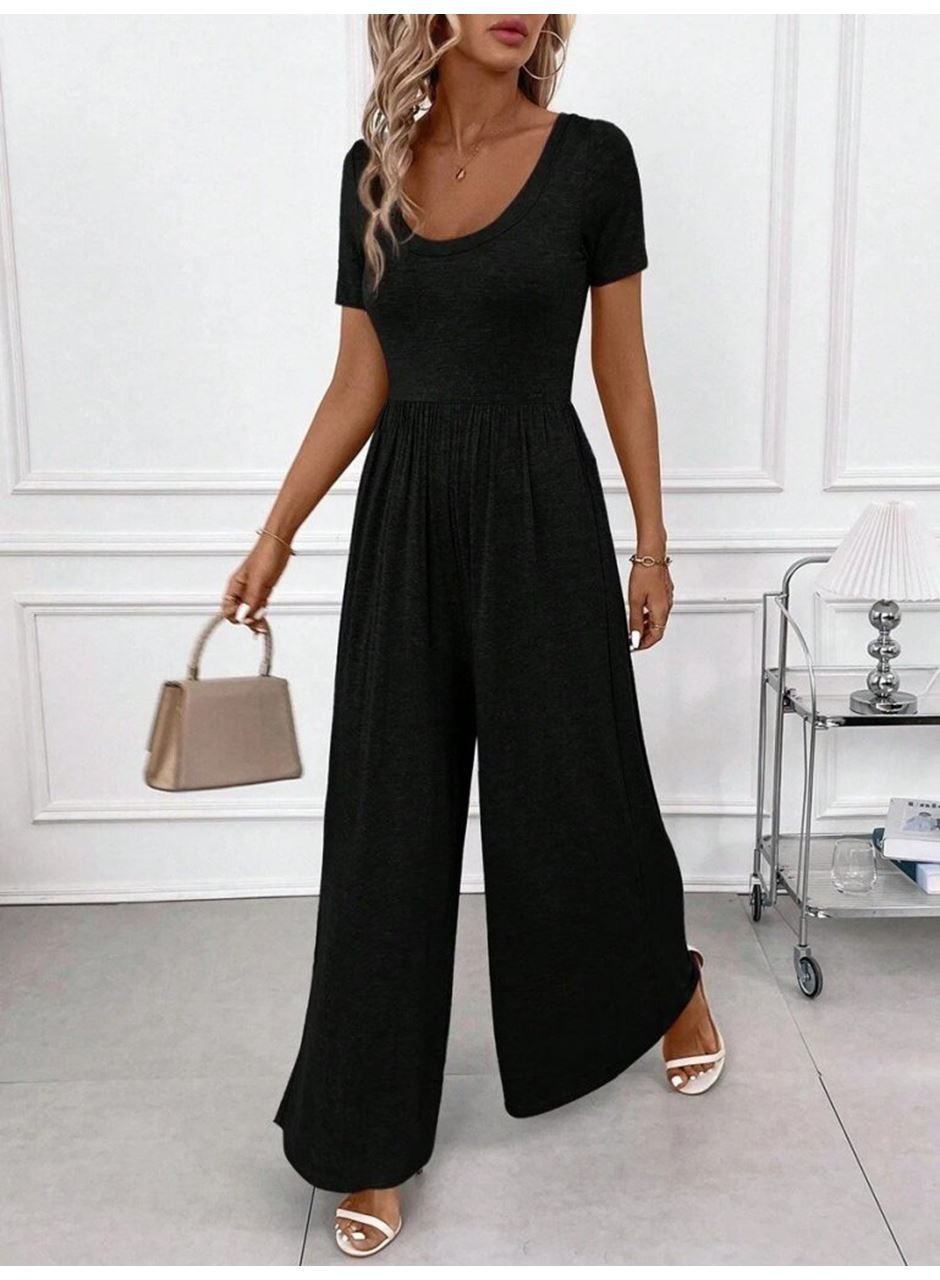 Kadın Kısa Kollu Yuvarlak Yaka Geniş Paçalı Bürümcük Tulum