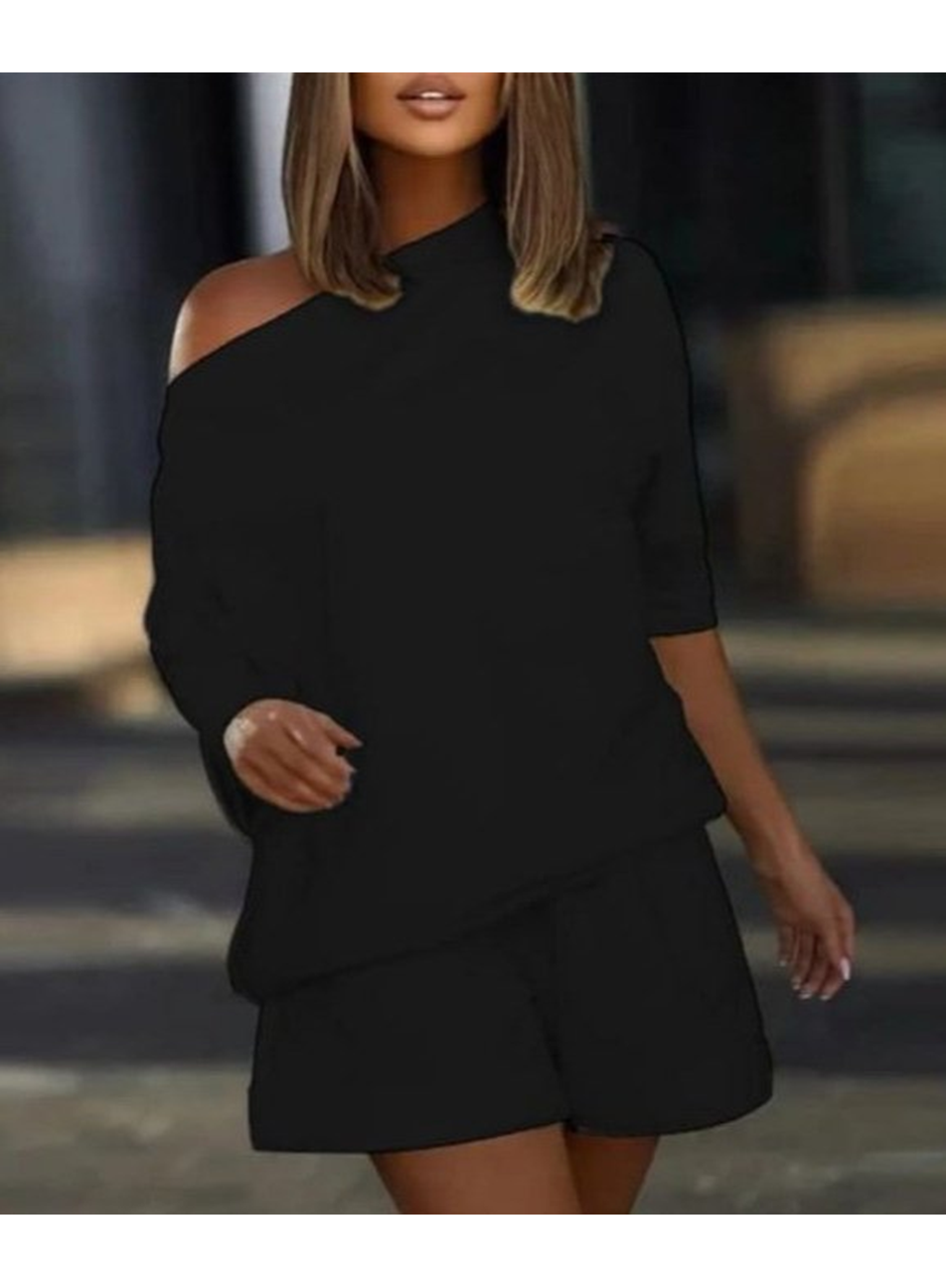 Kadın Kayık Yaka Salaş Iki Iplik Bluz Ve şort Ikili Takım