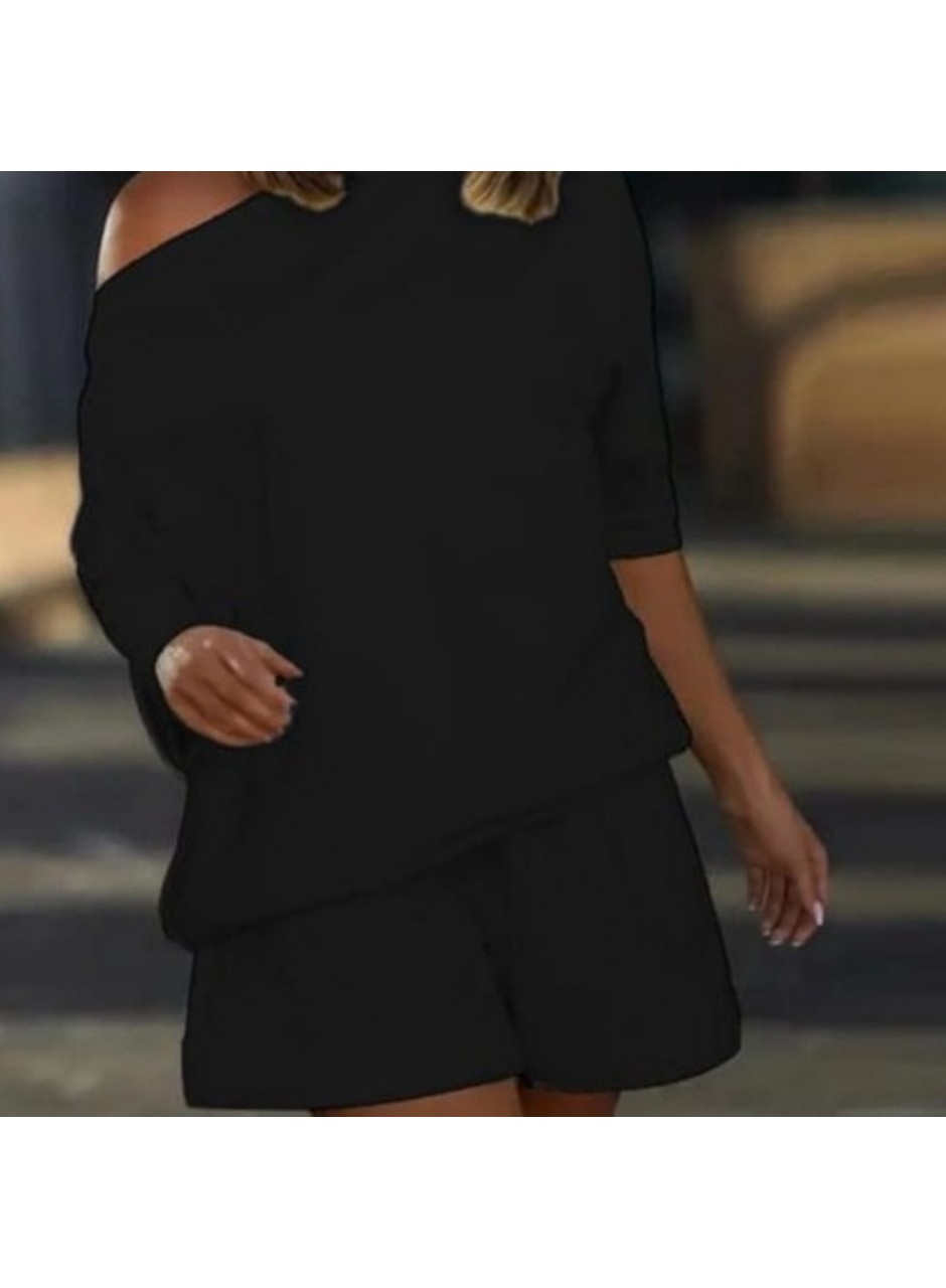 Kadın Kayık Yaka Salaş Iki Iplik Bluz Ve şort Ikili Takım