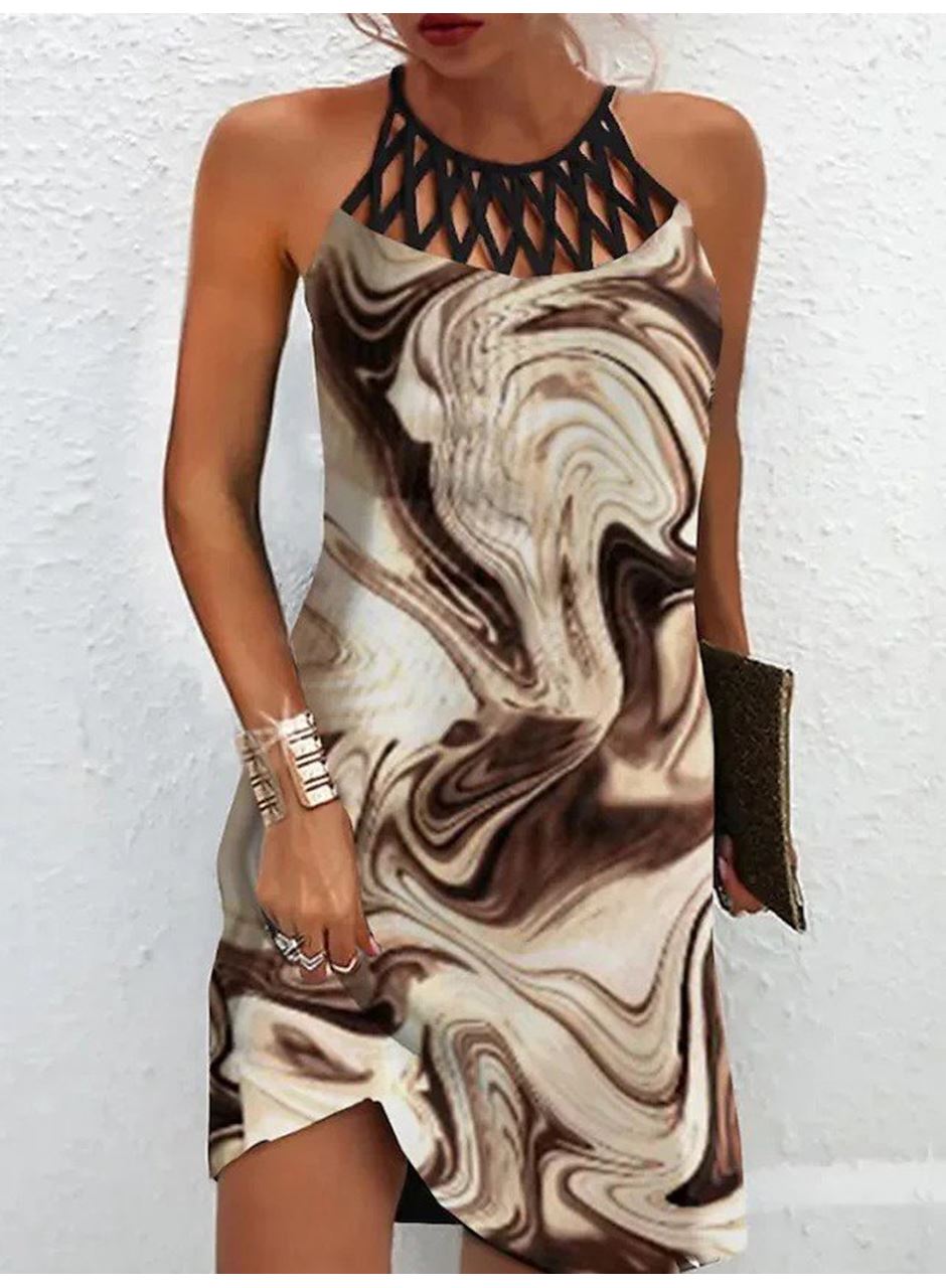 Kadın Sıfır Kol Soğuk Omuz Yaka Baskılı Süprem Elbise