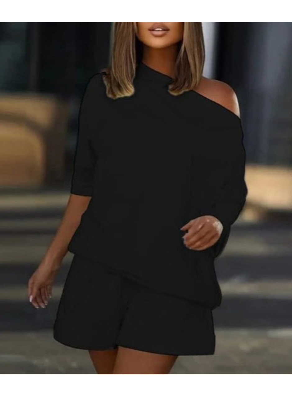 Kadın Kayık Yaka Salaş Iki Iplik Bluz Ve şort Ikili Takım