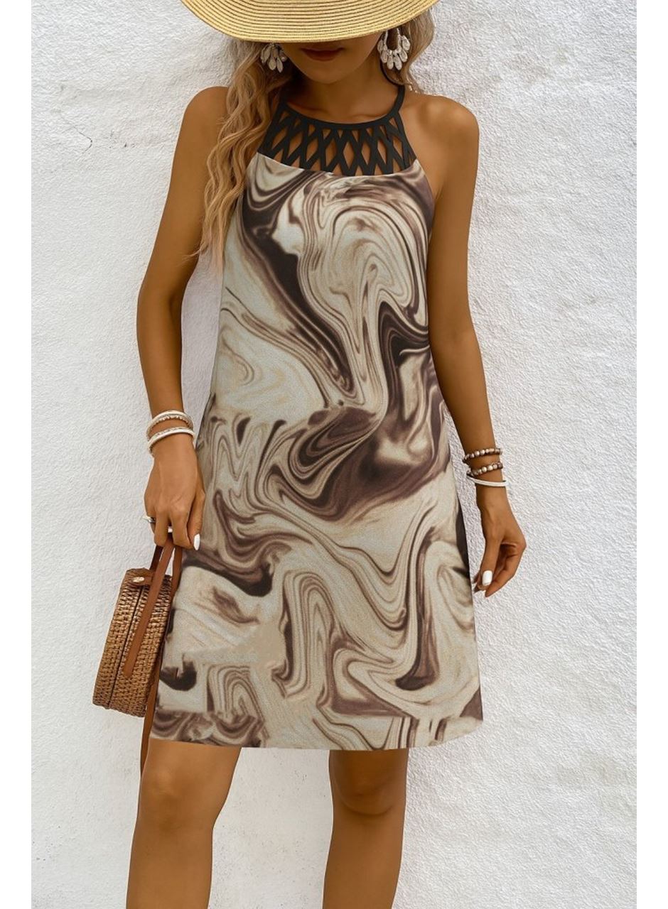 Kadın Sıfır Kol Soğuk Omuz Yaka Baskılı Süprem Elbise