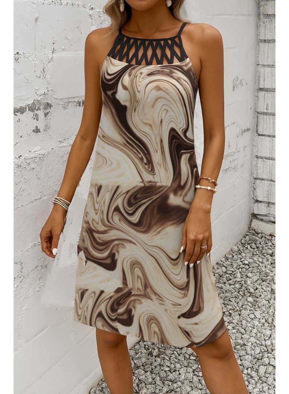 Kadın Sıfır Kol Soğuk Omuz Yaka Baskılı Süprem Elbise