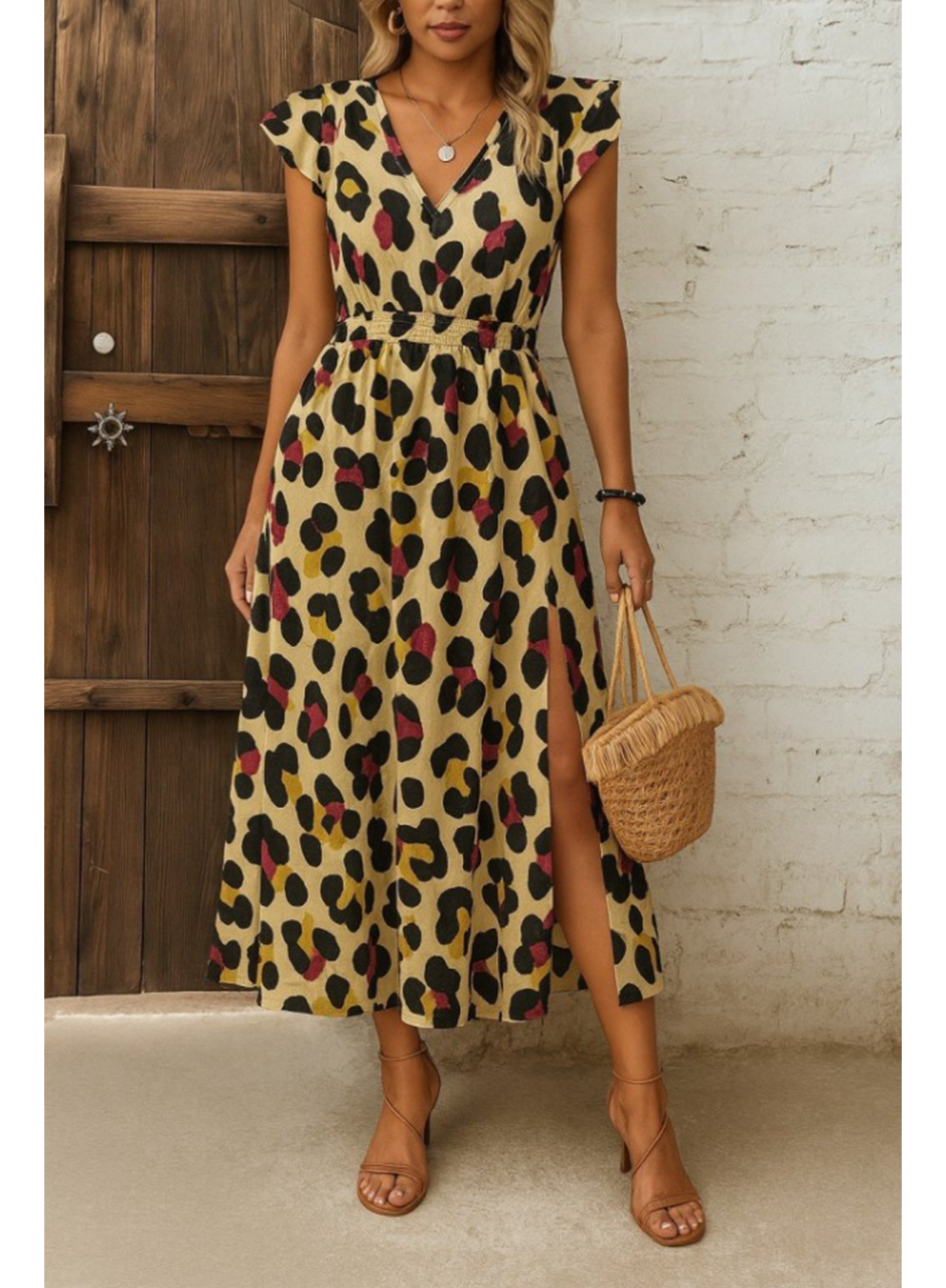 Kadın Kısa Kollu V Yakalı Desenli Yandan Yırtmaçlı Süprem Elbise