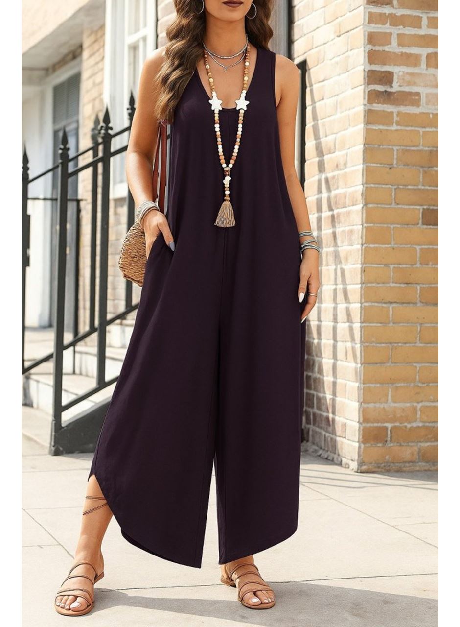 Kadın Askılı Yuvarlak Yaka Cepli Salaş Uzun Viskon Tulum