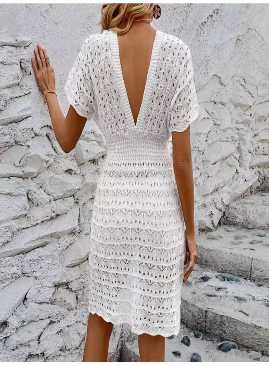 Kadın Kısa Kollu V Yakalı örme Triko Elbise