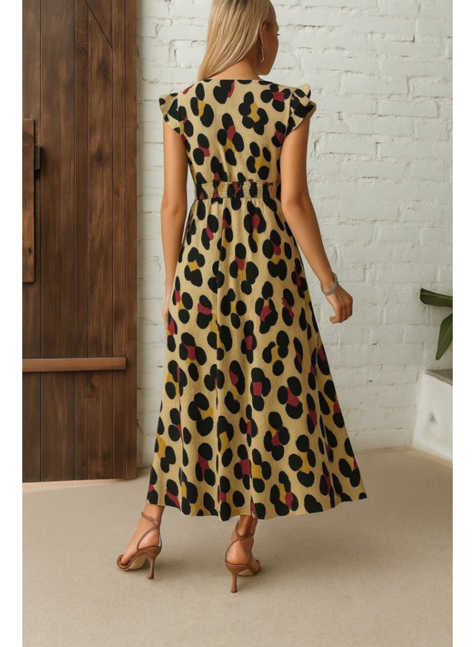 Kadın Kısa Kollu V Yakalı Desenli Yandan Yırtmaçlı Süprem Elbise