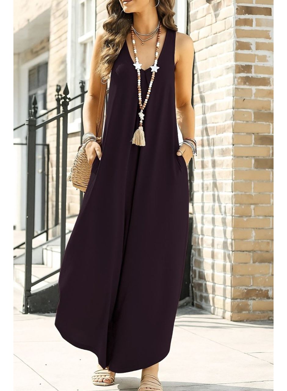 Kadın Askılı Yuvarlak Yaka Cepli Salaş Uzun Viskon Tulum