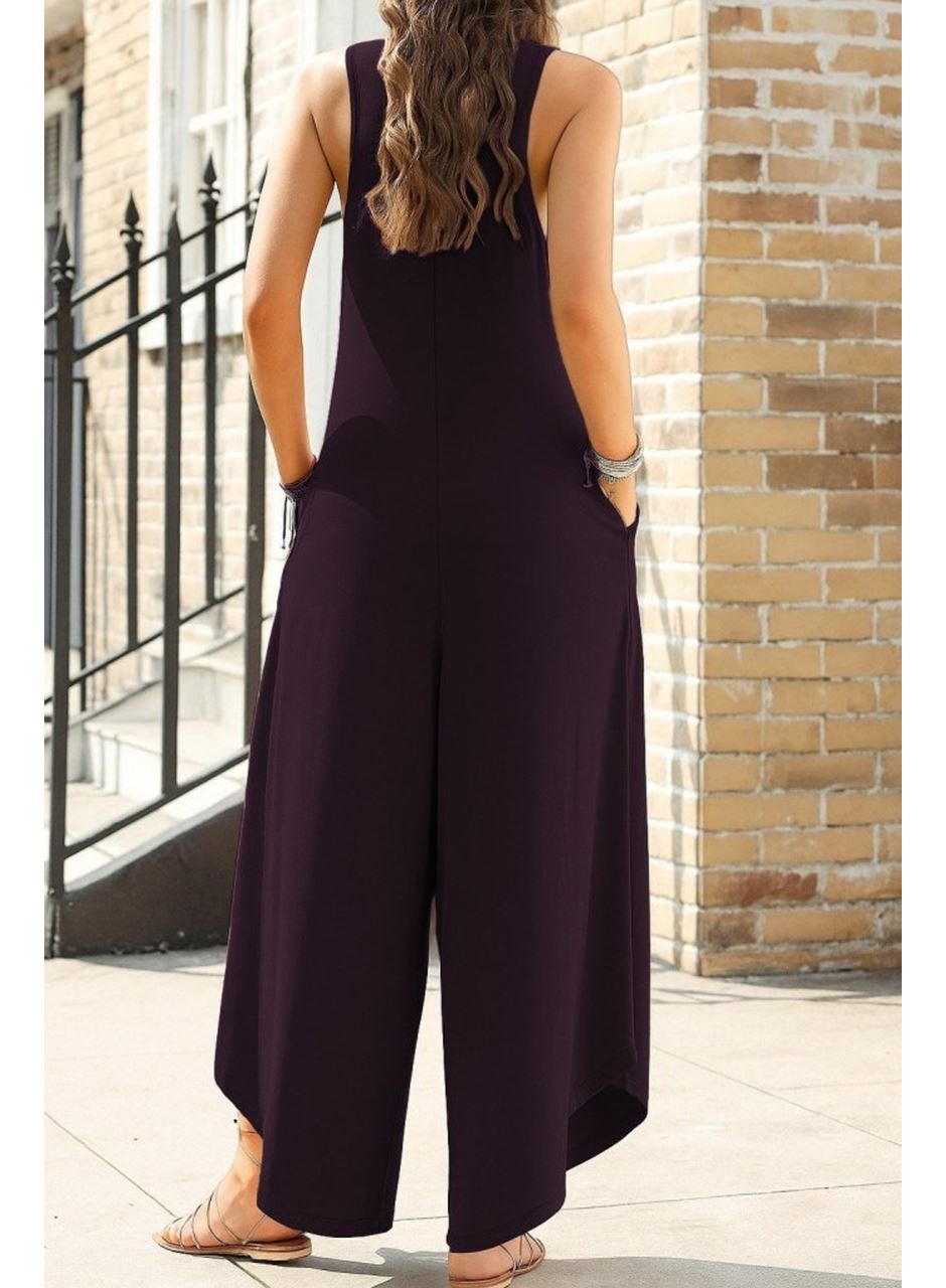 Kadın Askılı Yuvarlak Yaka Cepli Salaş Uzun Viskon Tulum