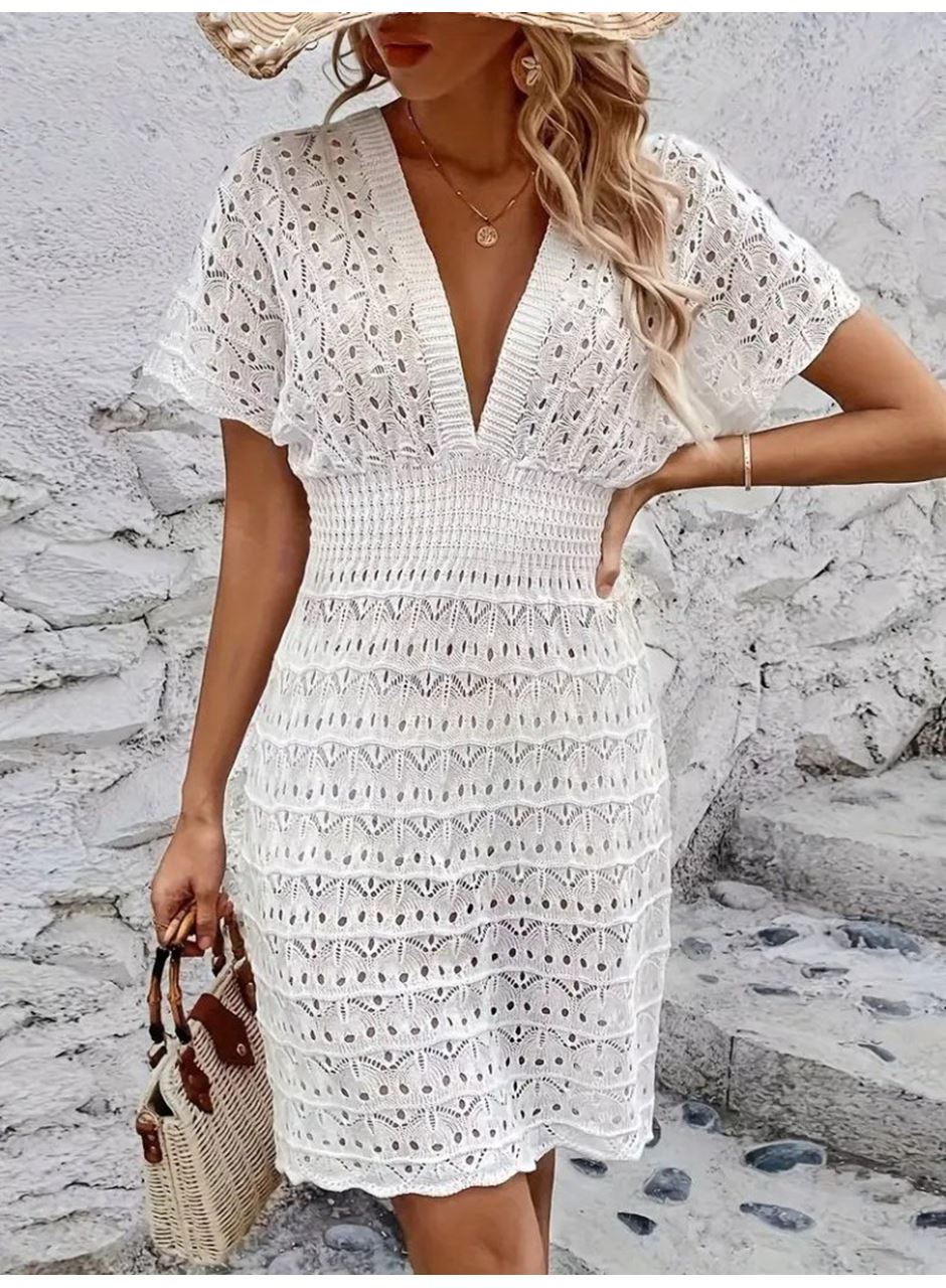 Kadın Kısa Kollu V Yakalı örme Triko Elbise