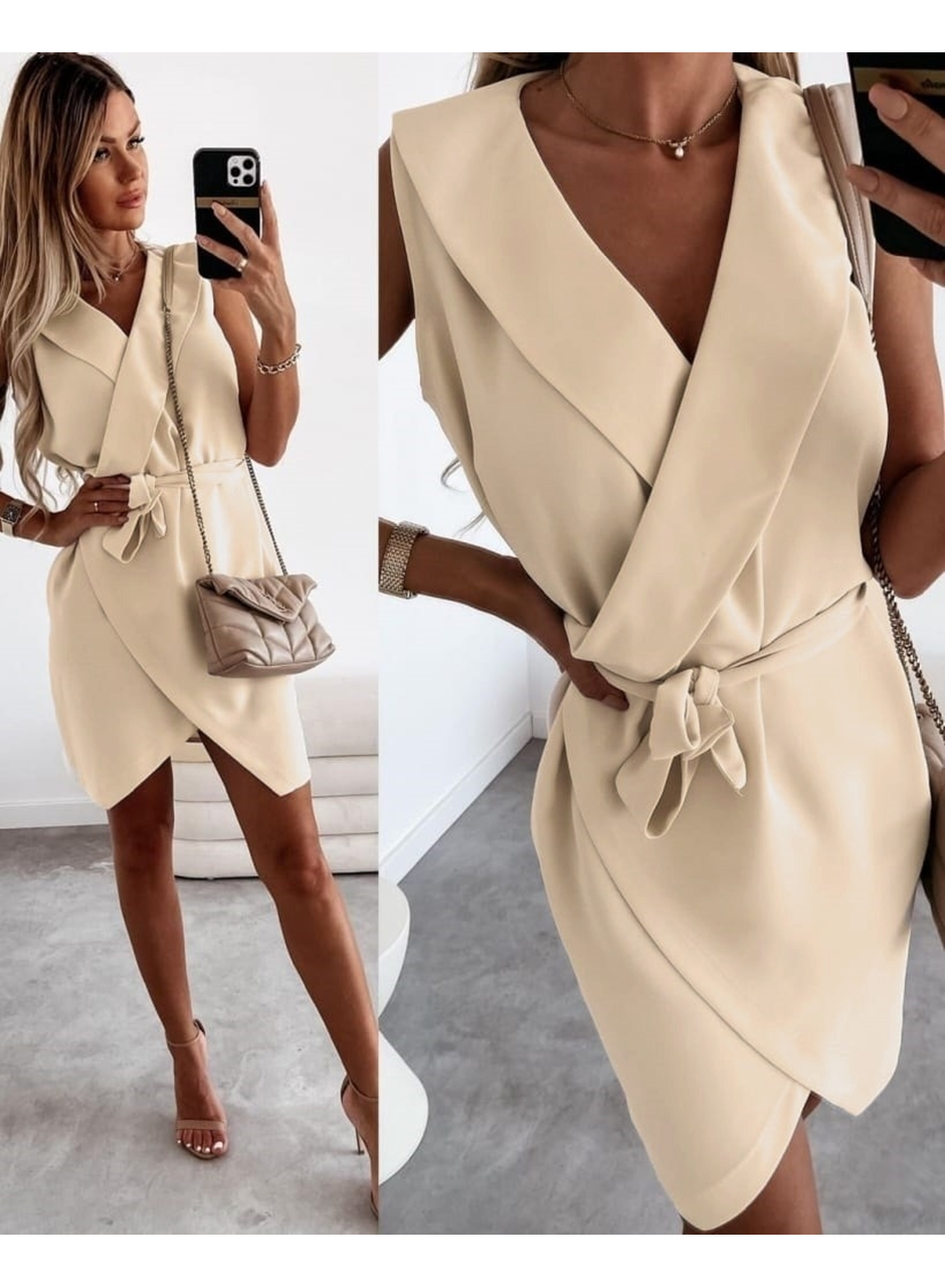 Kruvaze Yaka Kuşaklı Krep Kumaş Elbise