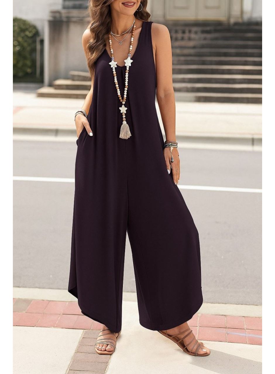 Kadın Askılı Yuvarlak Yaka Cepli Salaş Uzun Viskon Tulum