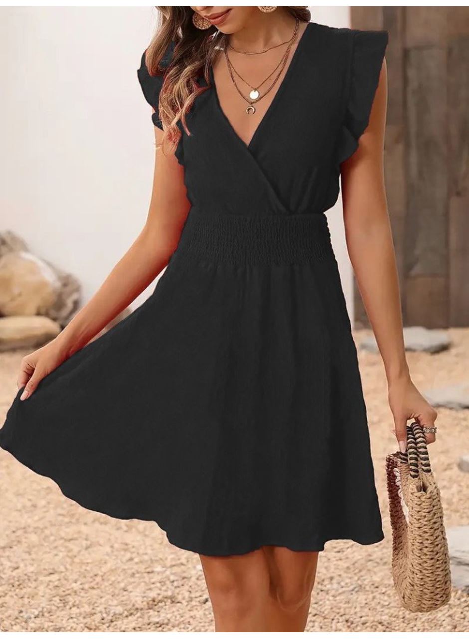 Kadın Kısa Kollu Kruvaze Yakalı Beli Lastikli Aerobin Elbise