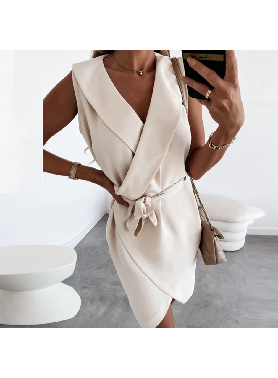 Kruvaze Yaka Kuşaklı Krep Kumaş Elbise