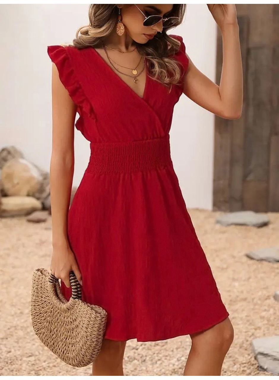 Kadın Kısa Kollu Kruvaze Yakalı Beli Lastikli Aerobin Elbise